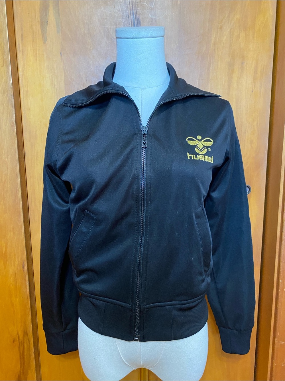 Vintage hummel Black Track Jacket Full Zip Gold Bee Logo Chevron Streetwear